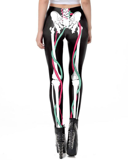 Skeleton Leg With Ribbon Halloween Leggings Black White