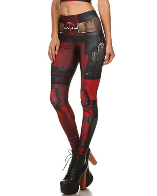 Deadpool Print Cosplay Halloween Flex Leggings Red Coffee