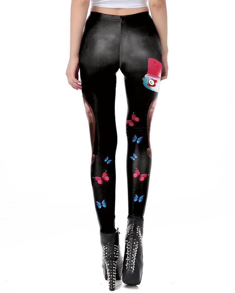 Gold Skull With Butterfly Printed Black Halloween Leggings