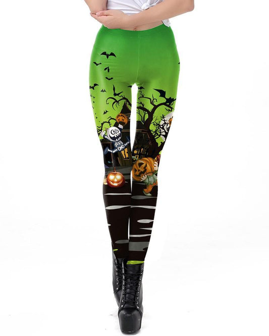 Green Black Halloween Pumpkin House Escape Leggings
