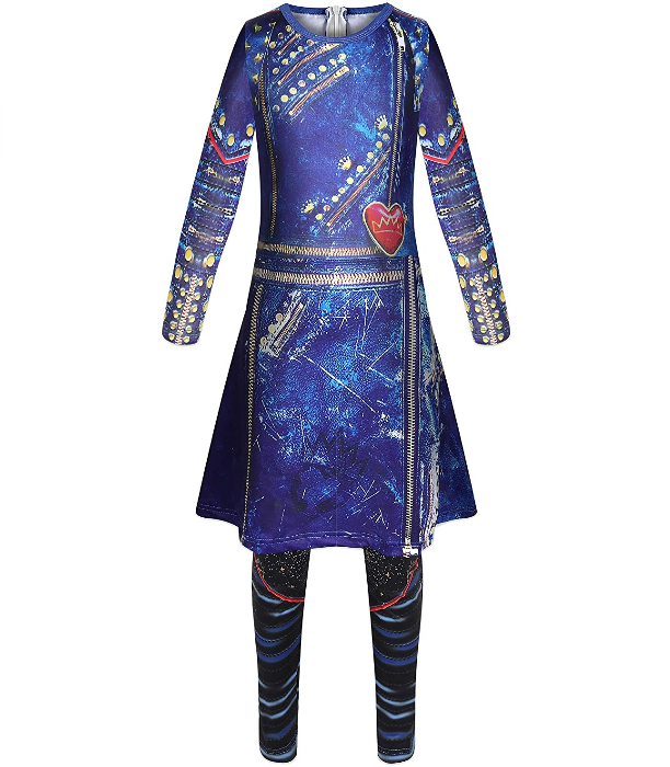 Girls Costume Jumpsuit with Dark Blue Long Wavy Wigs
