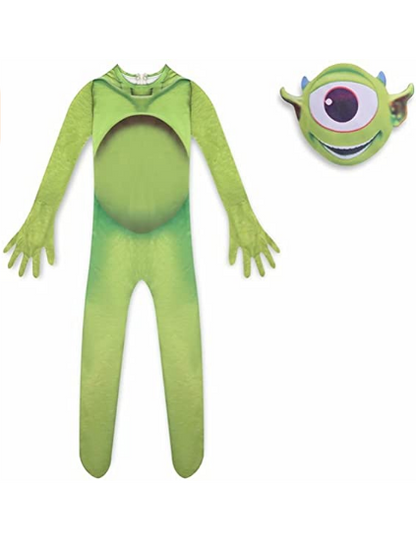 Halloween Monsters Mike Costumes Jumpsuit Green Bodysuit with Cape for Cosplay Party