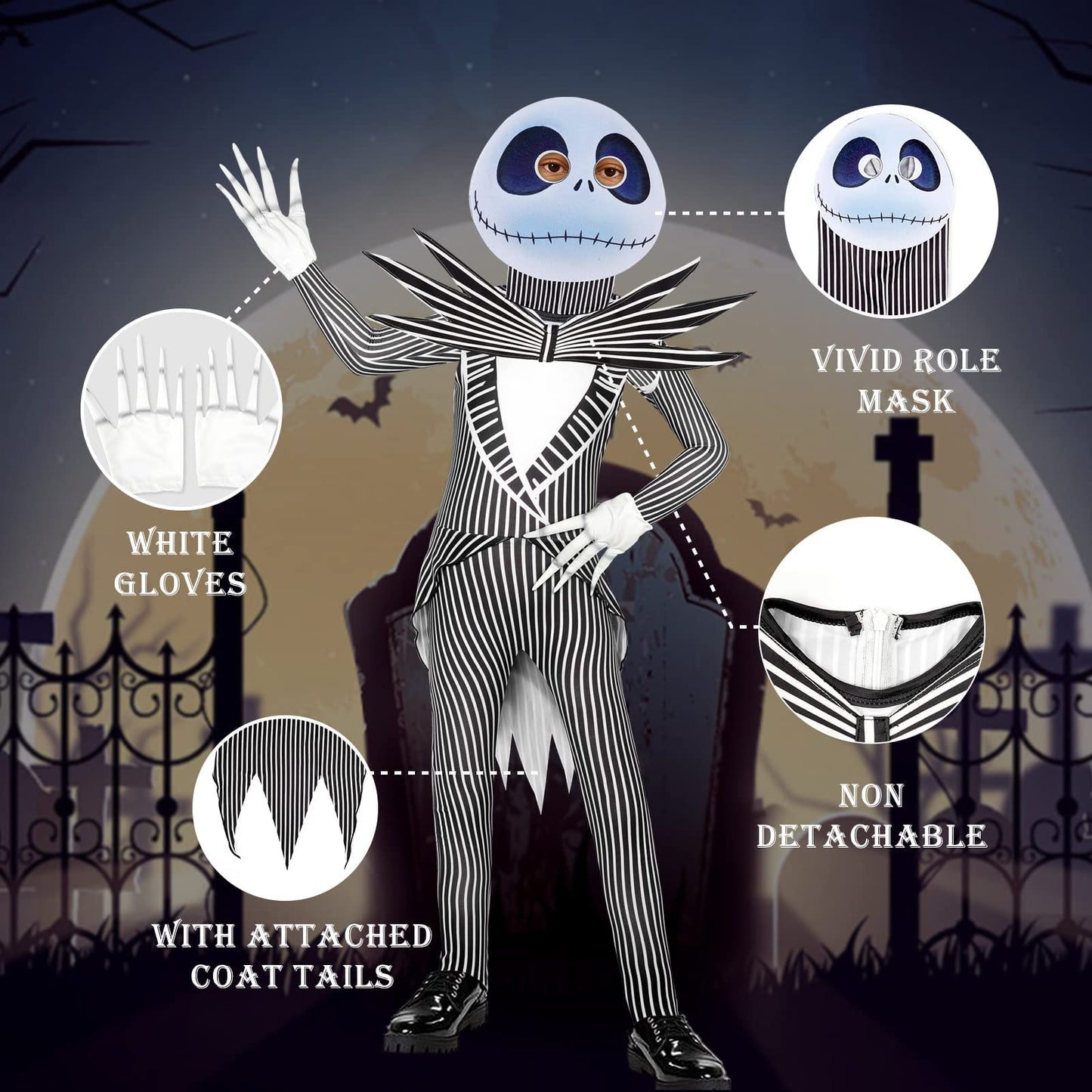 Jack Costume Kids Christmas Halloween Costume Boys Halloween Costume Cosplay Outfit with Mask and Gloves 4-12 Years